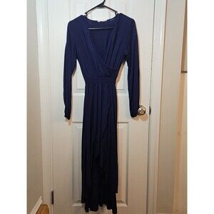 KorMei Women Long Sleeve VNeck Blue High Low Flowy Party Long Maxi Dress Small